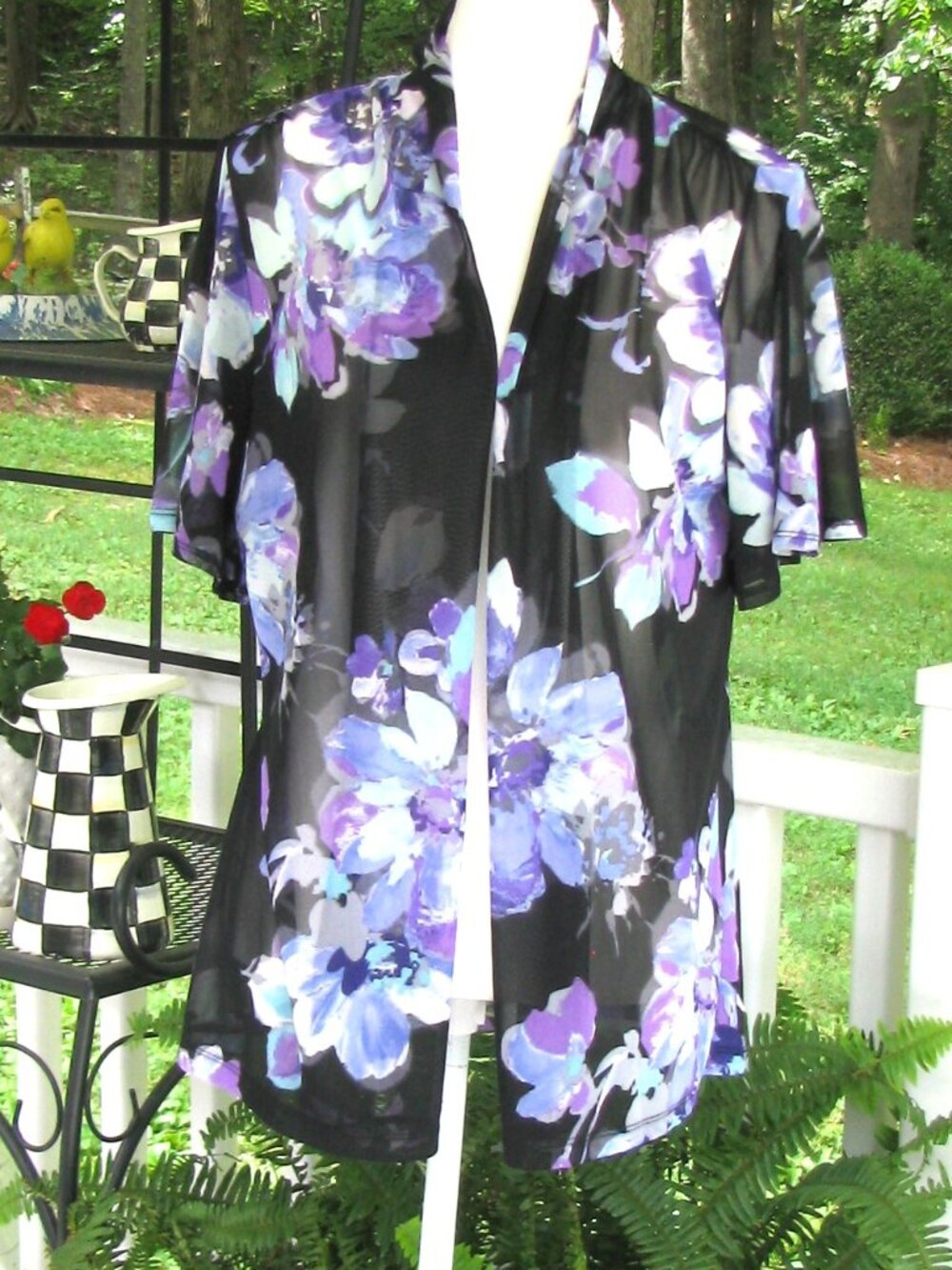 Susan Graver sheer open front duster kimono Medium black floral design